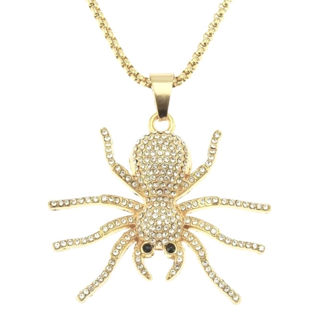 Spider Pendant Necklace Inlaid Rhinestones - Silver and Gold Color Accents